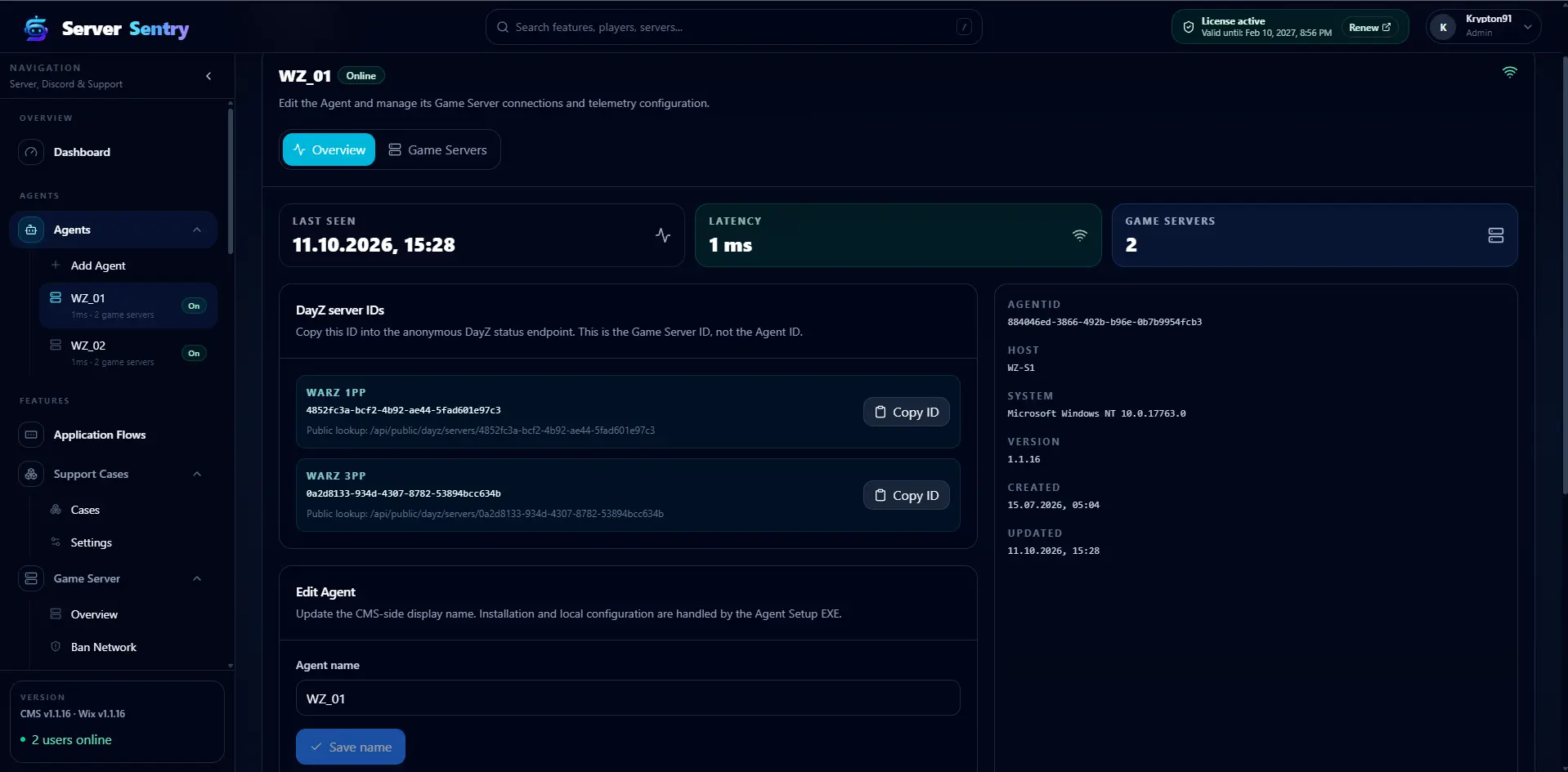 Connected Agent overview with host details and two DayZ server IDs