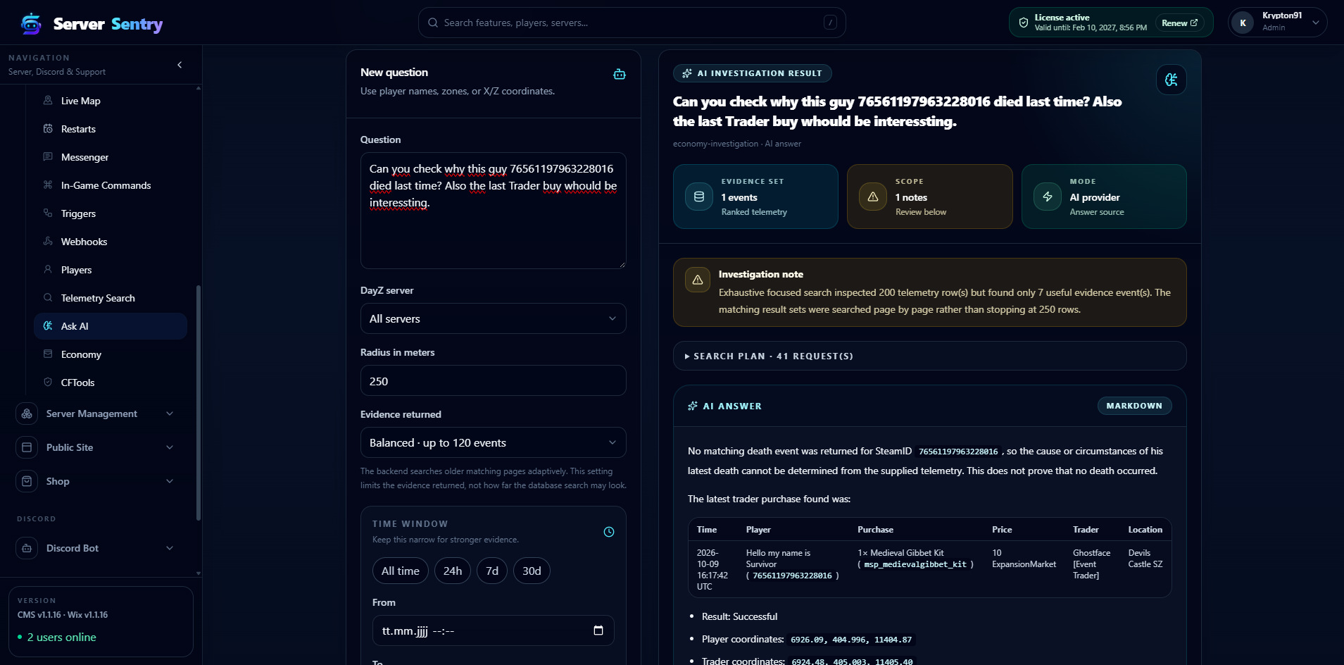 Ask AI investigation with its search plan and recorded trader purchase