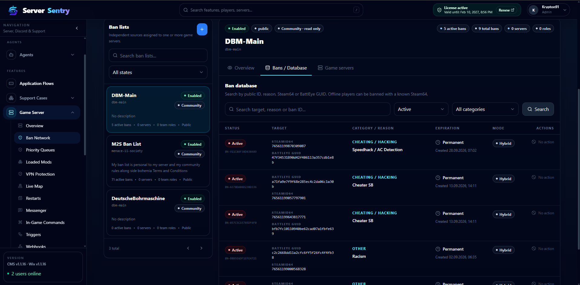 Ban Network lists and the selected ban database