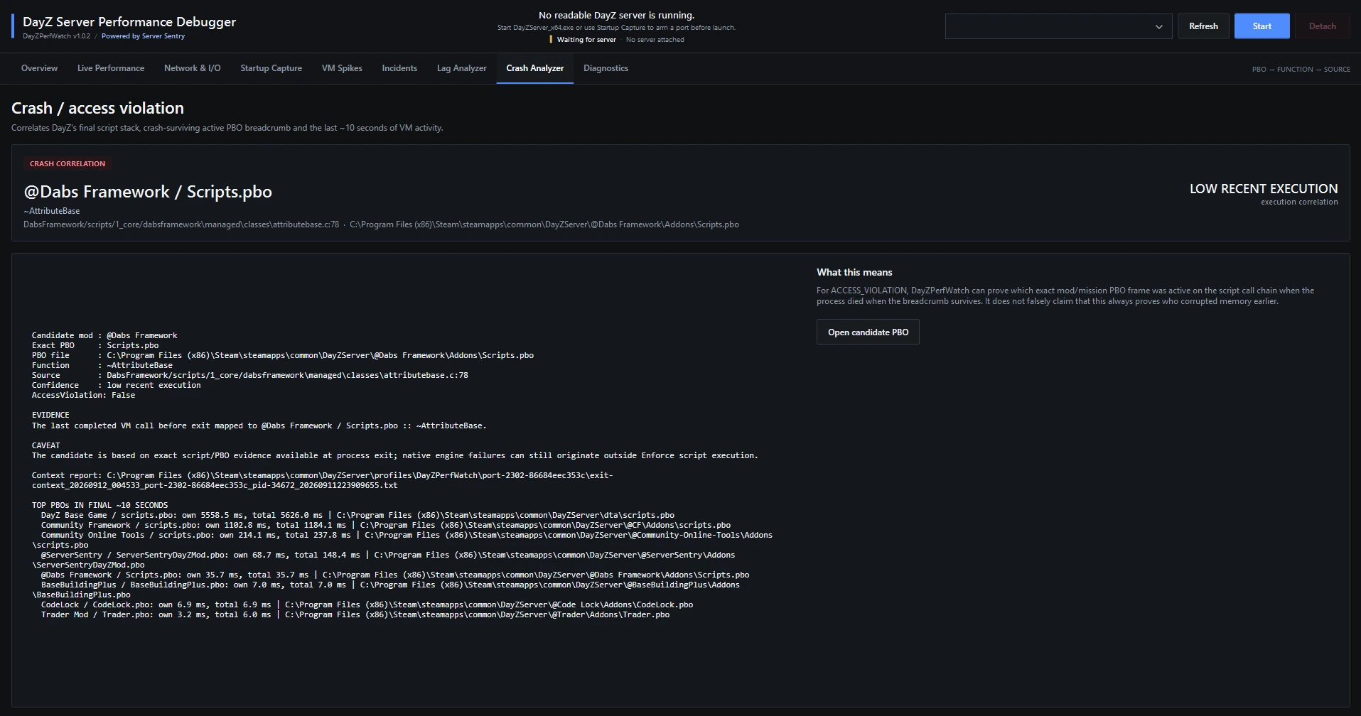 Crash Analyzer correlating the last recorded script activity with a candidate PBO, function and evidence