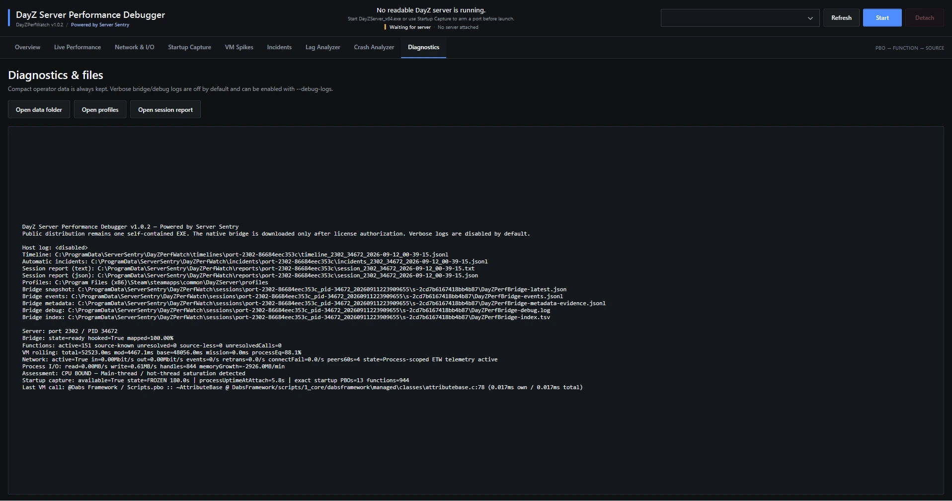 Diagnostics showing bridge state, source mapping, VM activity, process I/O and startup capture status