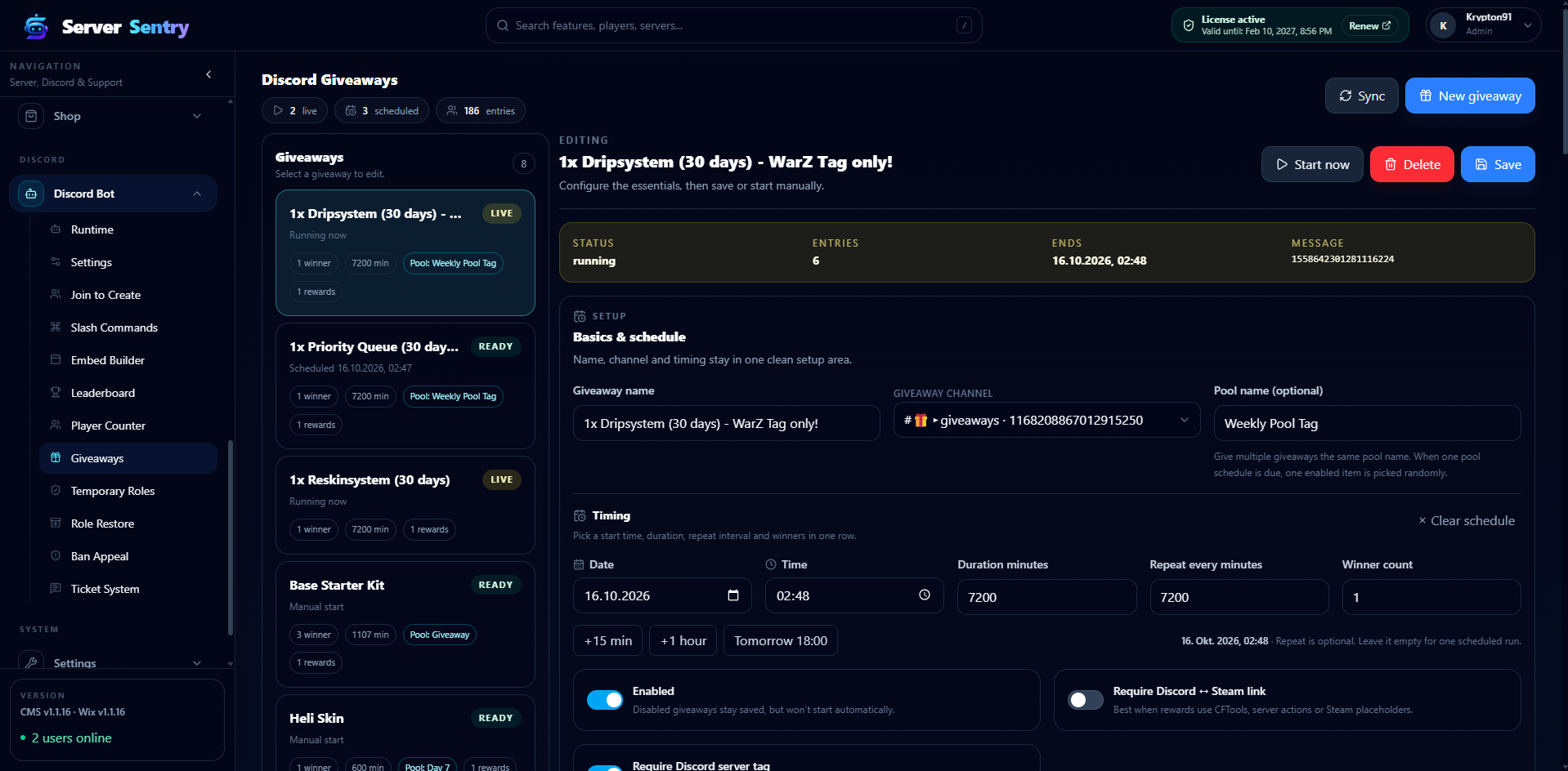 Discord giveaway editor with prize and participation settings