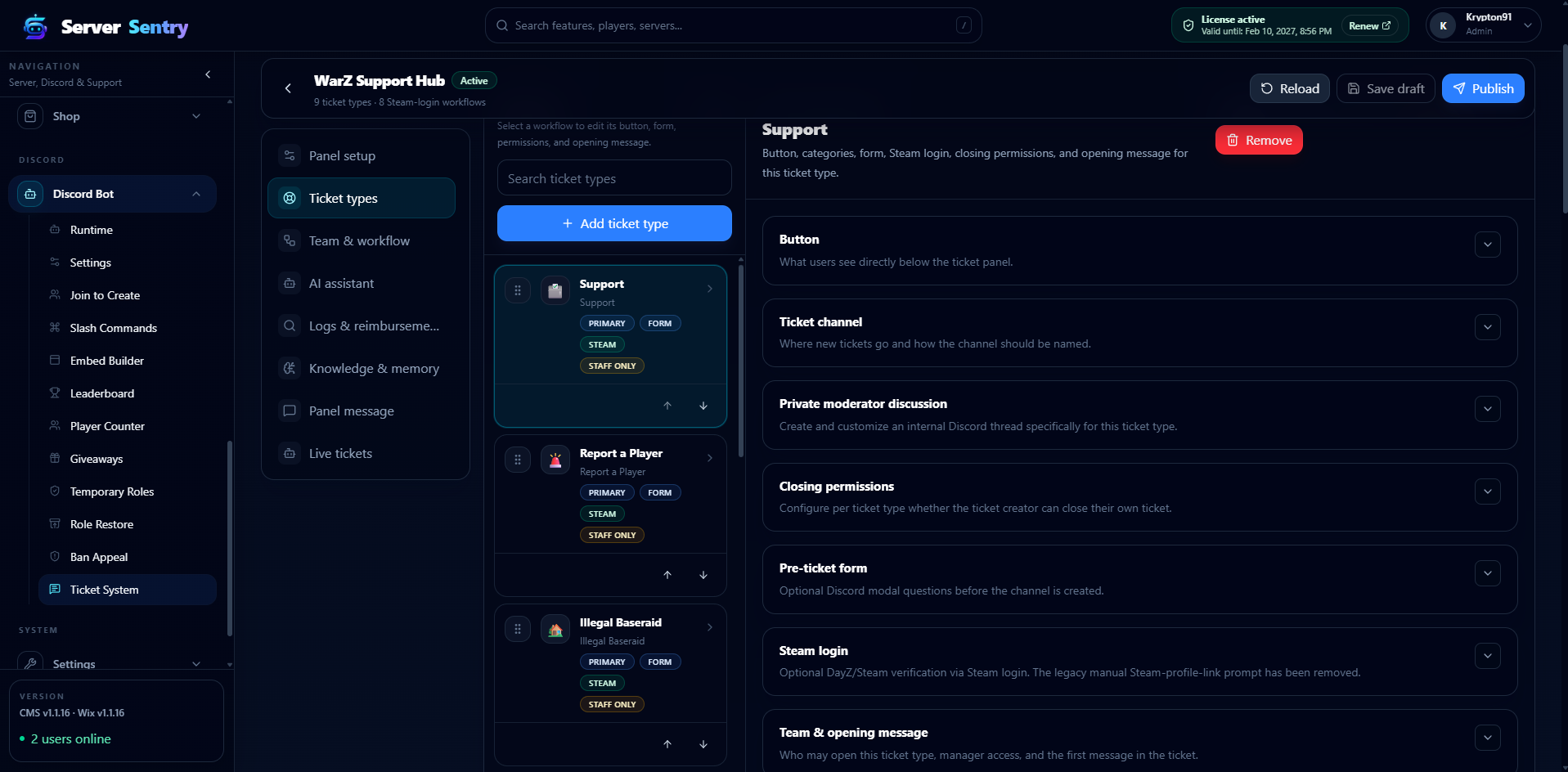 Discord Support ticket type with forms, Steam verification and staff access settings