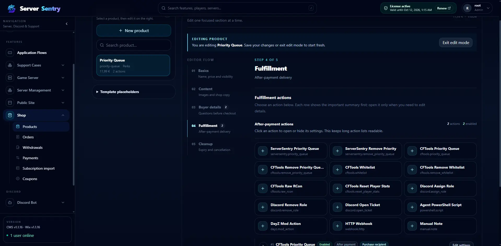 Product fulfillment editor with DayZ, Discord, Agent and webhook actions