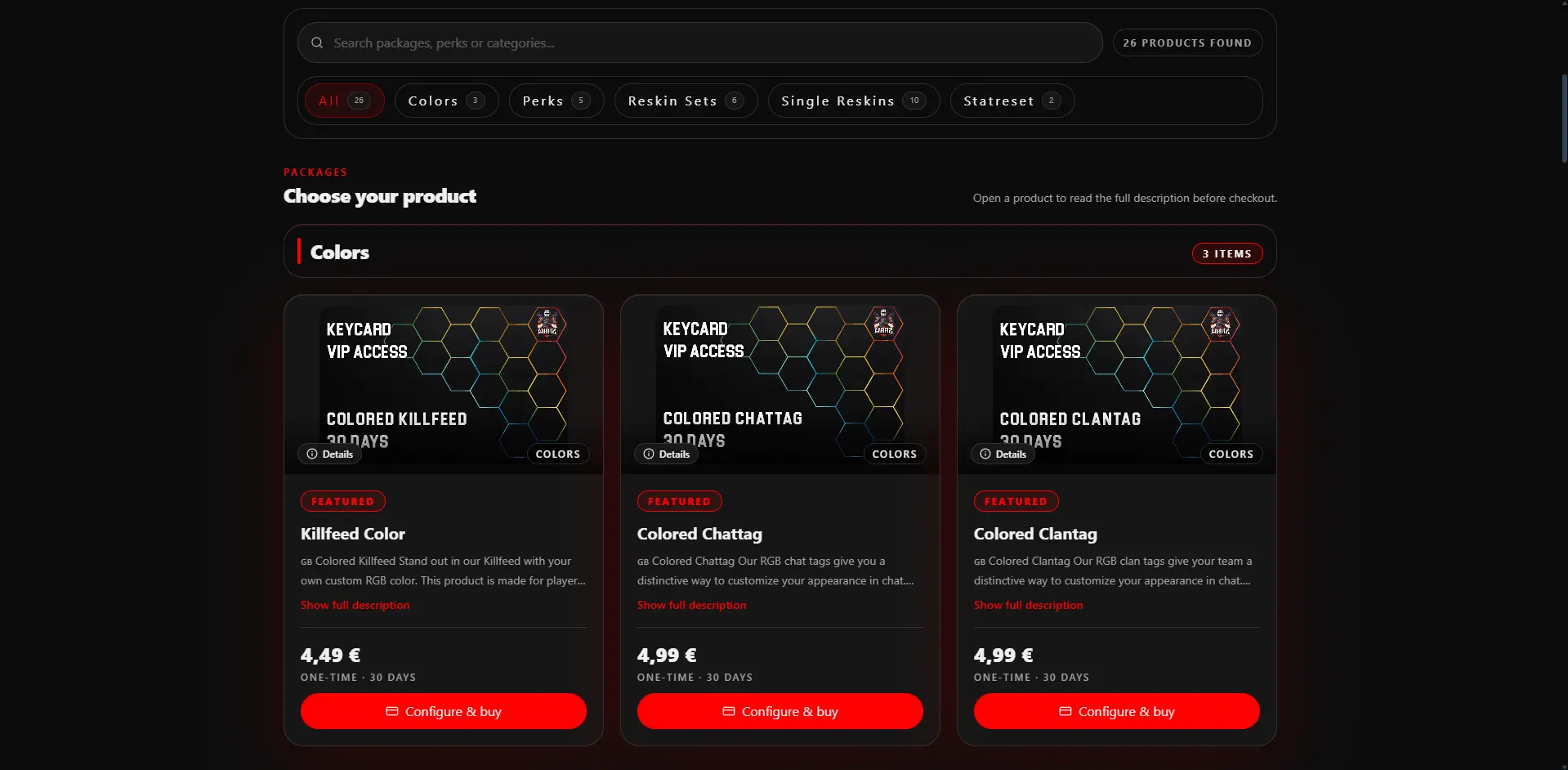 WarZ community storefront with product cards, prices and purchase buttons