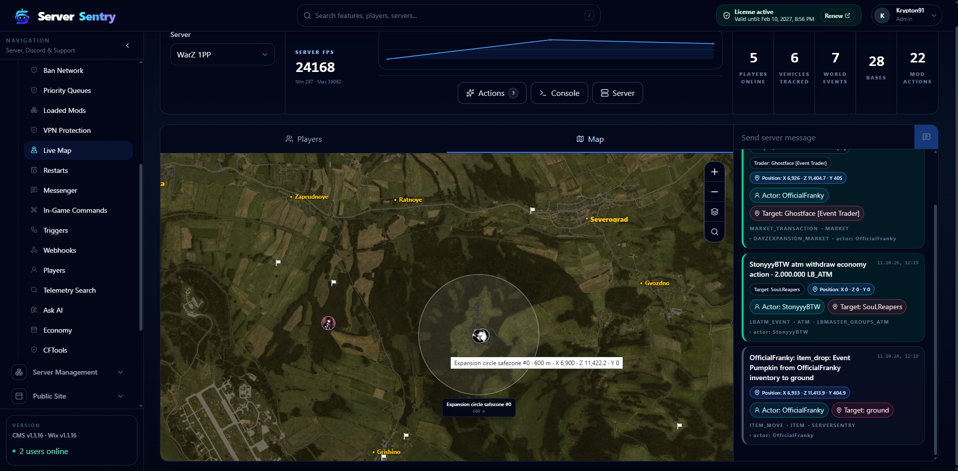 Live map with player markers, a safe zone and recent server events