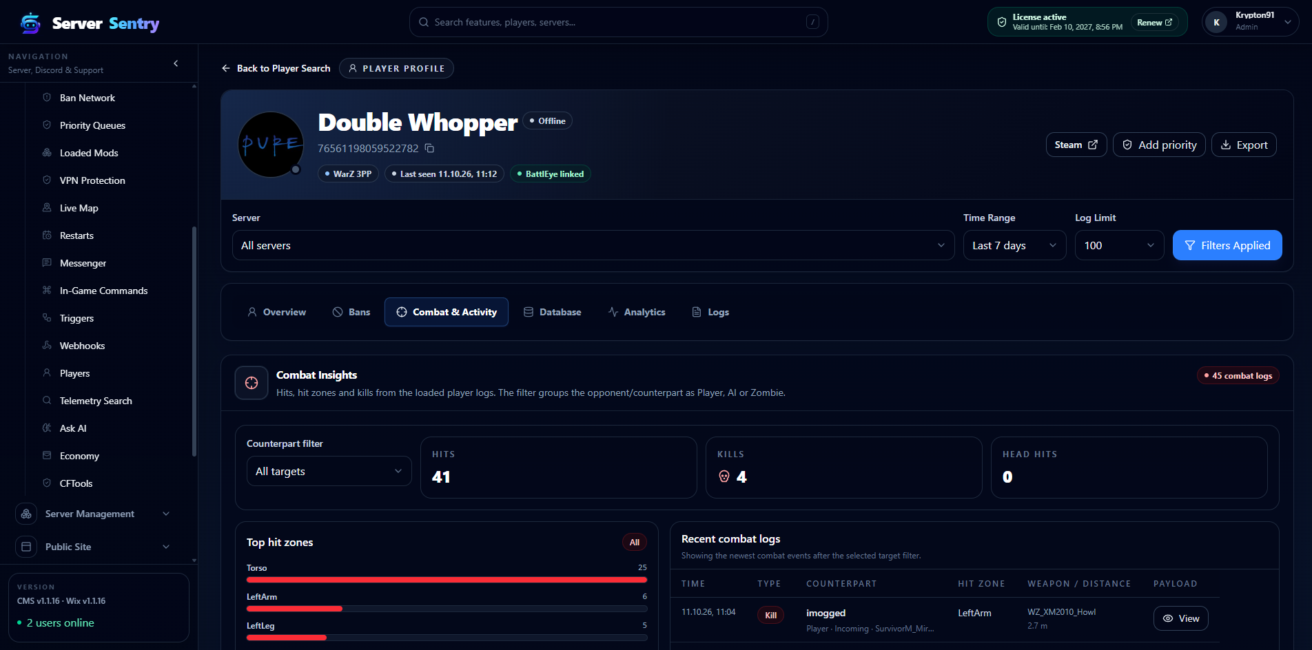 Double Whopper player profile with identity and combat activity