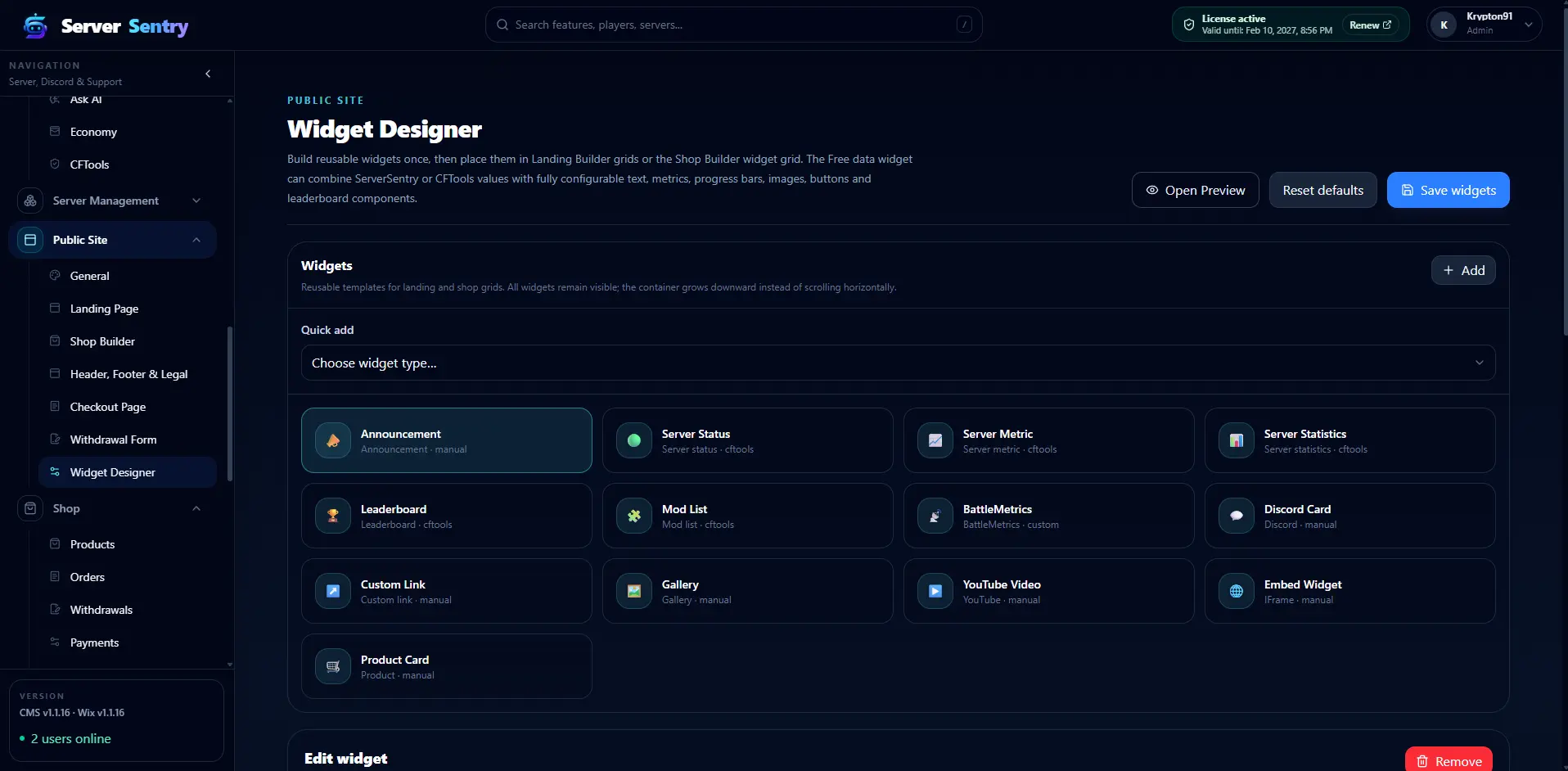 Widget Designer with server status, statistics, leaderboard and community widgets