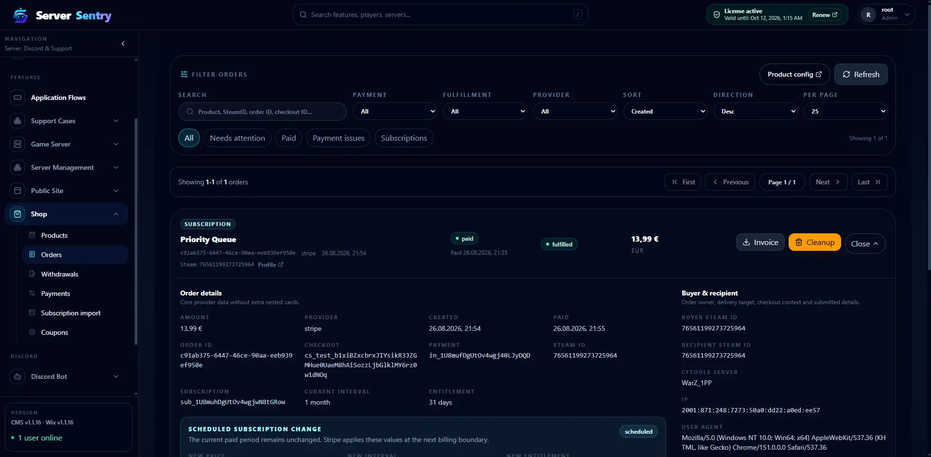 Paid Priority Queue order with payment and fulfillment status