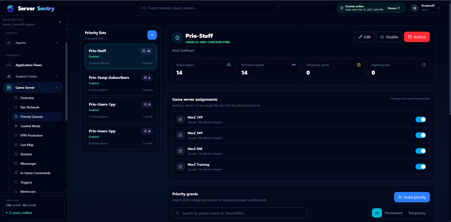 Priority list with server assignments and player grants