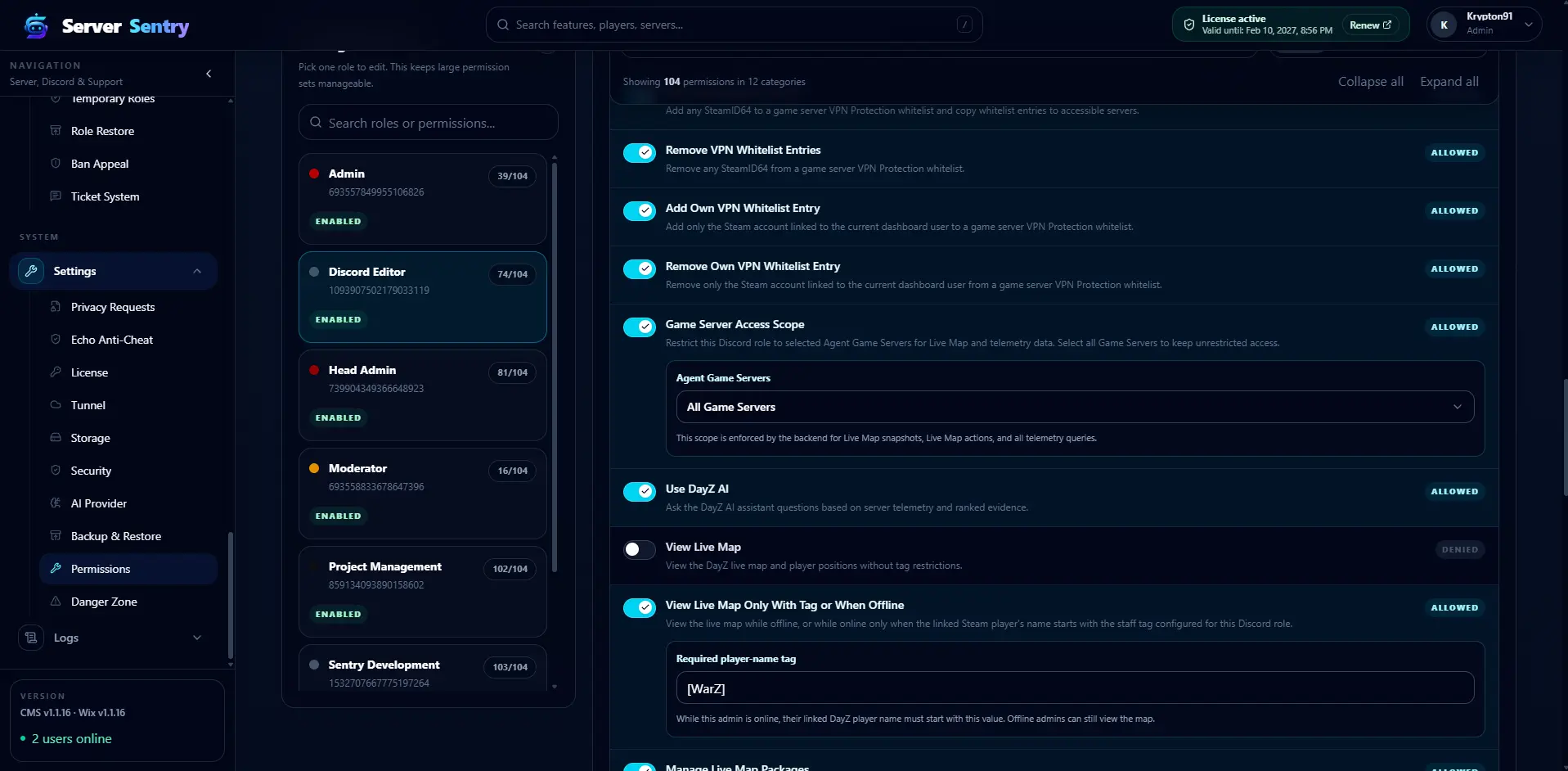Role permissions for server access, Ask AI and the live map