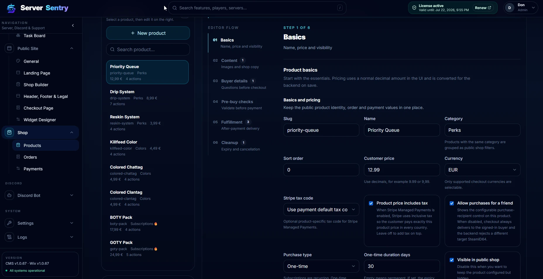 The real product editor showing a product name, category, price and purchase settings