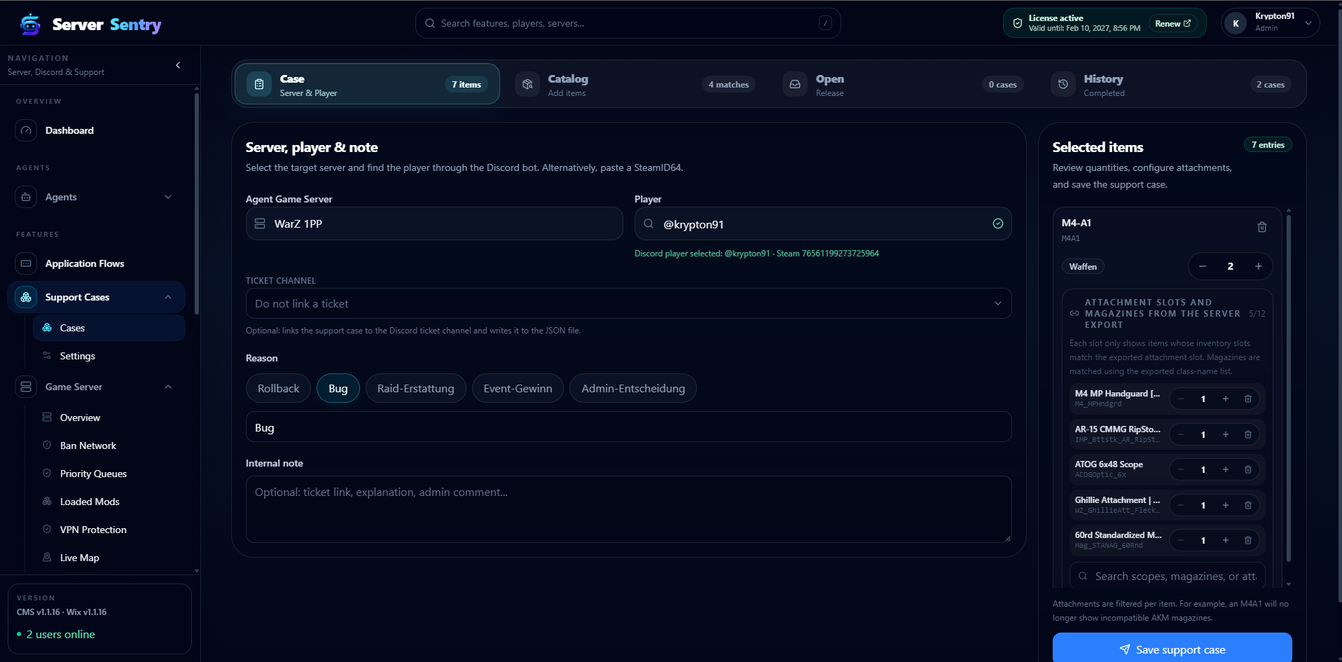 Support case editor with player, server, reason and selected reimbursement items