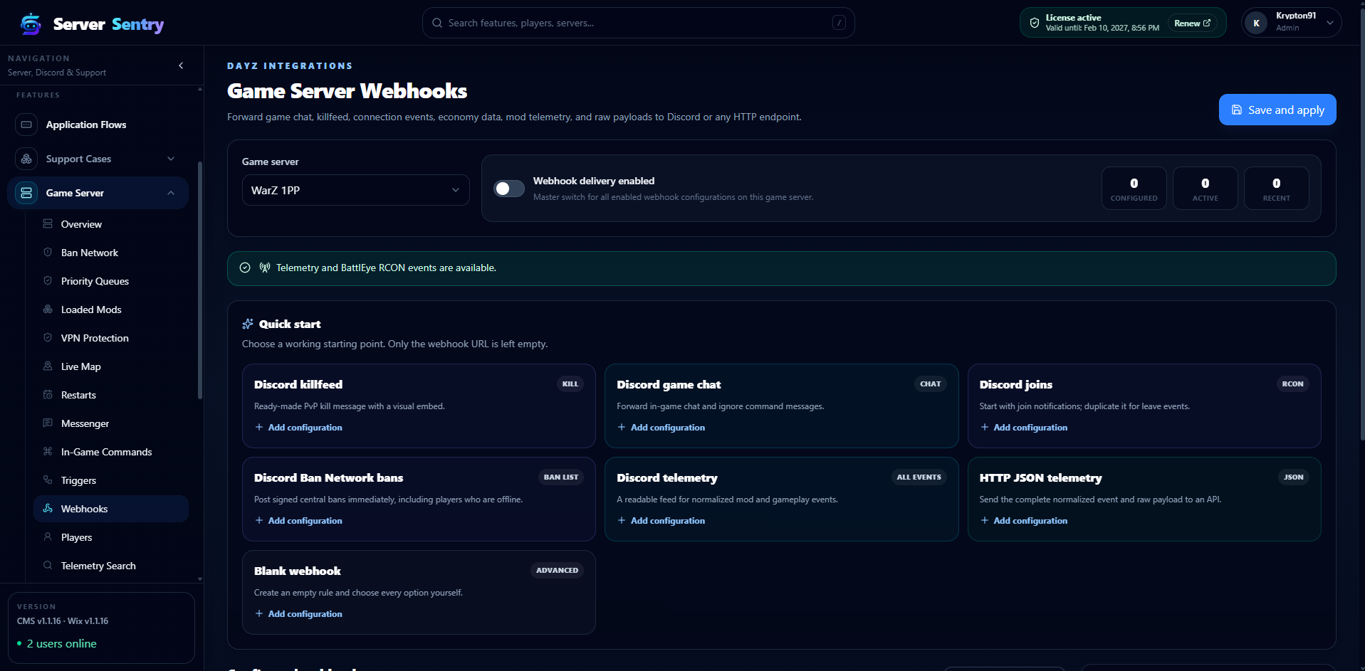 Game server webhook templates for Discord messages and HTTP telemetry