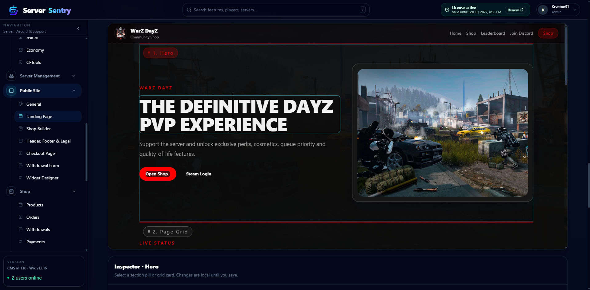 WarZ community website in the visual landing-page builder